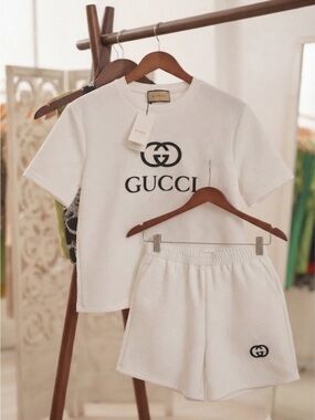 Brand New !  White Tee and Shorts Set with Black Logo